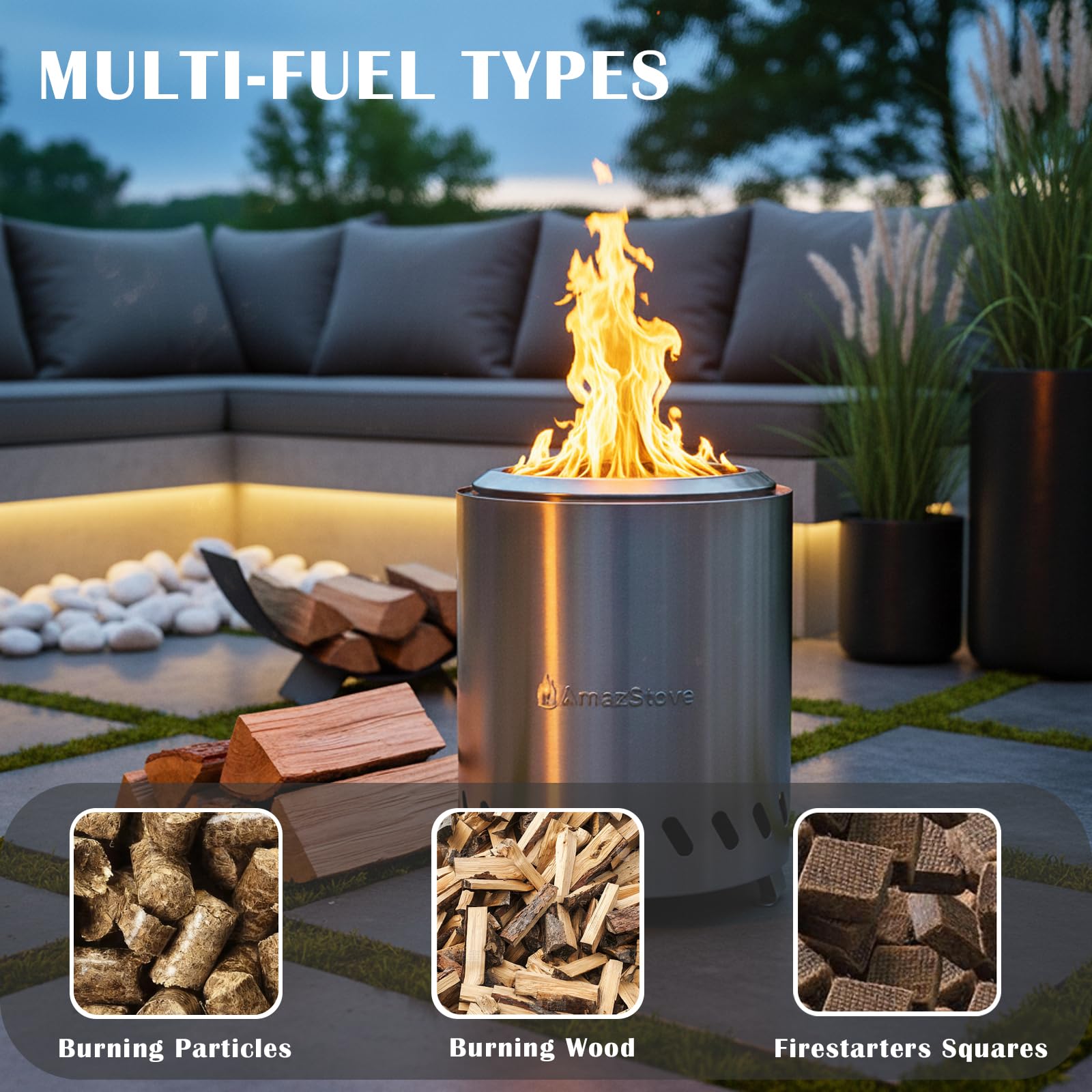 9.7 x 7.1 Inch Tabletop Fire Pit by AmazStove, Low Smoke Camping Stove for Outdoor Safe Burning
