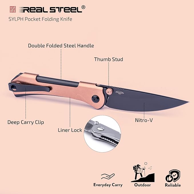 REALSTEEL SYLPH Folding Pocket Knife, Liner Lock, 3.07" Nitro-V Steel Black PVD Blade, Thumb Stud, Double Bending Steel Handle, 3.35oz, Deep-carry Pocket Clip, EDC Outdoor Indoor, Gifts for Men Women Camping Hiking Climbing (Gold Black)