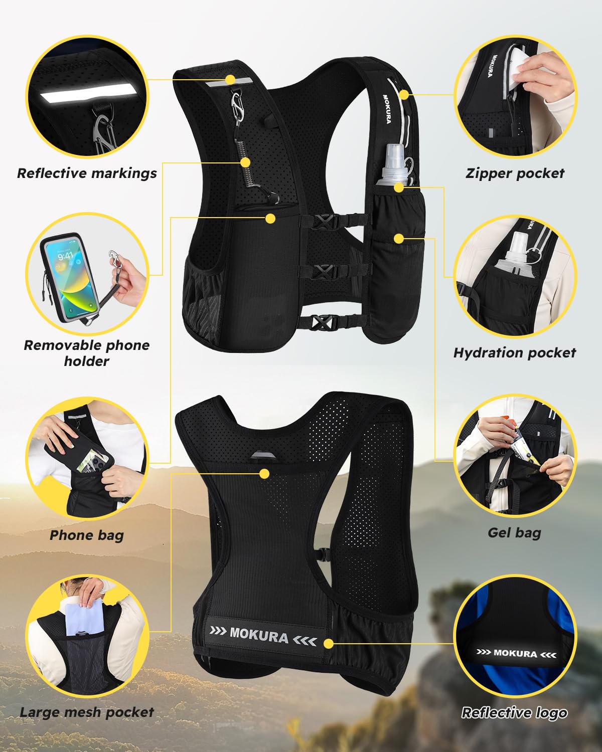 MOKURA Running Vest for Women Men with 500ML Soft Flask & Phone Holder