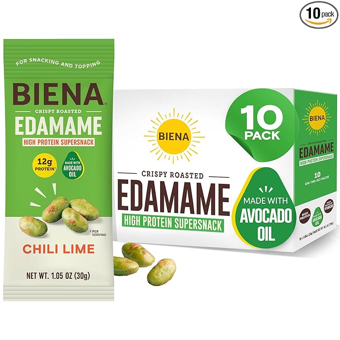 Biena Crispy Roasted Edamame Beans Snack ??High Protein Low Carb Snack for Adults & Kids, 12g Protein per Serving - Made w/Avocado Oil ??Vegan, Gluten-Free ??10-Pack, 1.05oz Bags, Chili Lime
