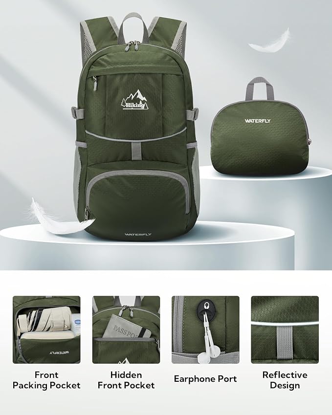 WATERFLY Hiking Foldable Daypack Backpack: 25L Ultra Lightweight Waterproof Day Pack for Woman Man - Small Compact Packable Folding Back Pack for Outdoor Sport Cycling Biking Travel Trip - Green