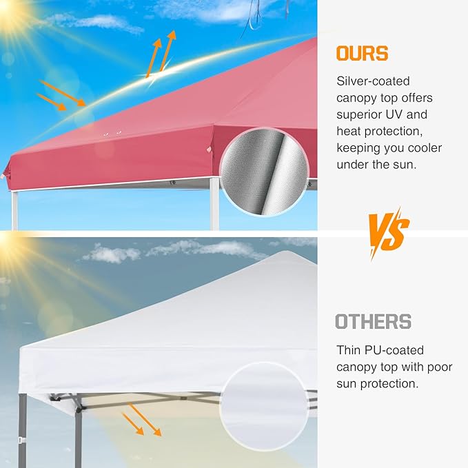 EAGLE PEAK Pop Up Canopy Tent with Wheeled Carry Bag, 8 Stakes, 4 Ropes, 4 Weight Bags, Easy Set Up Tent Canopy, 10x10 ft, 100sqft of Shade, Peach Pink