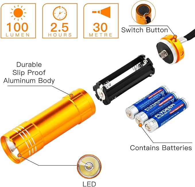 KunHe 18 Pack Party Favors Mini Small Led Aluminum Flashlight Bulk Lanyard 3AAA Battery Included for Kids Cheap Halloween Flashlights for Camping Power Outage Emergency Night Reading