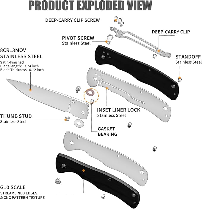 Vickay Pocket Knife for Men, Folding Knife with Clip, 3.74-inch 8Cr13MoV Steel Blade, G10 Handle EDC Knife for Outdoor Camping, Tactical, Hunting and Fishing Gift (Black)