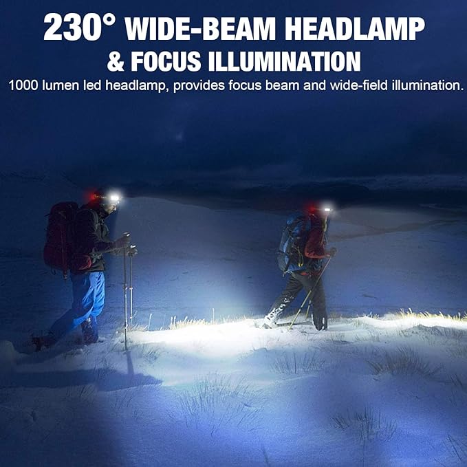 LED Headlamp, 1000lumens 230° Widebeam Headlight 3Packs, USB Rechargeable HeadLamp with Red Taillight, Lightweight Waterproof Headband Light for Camping Running Hiking, Hard Hat Headlamp