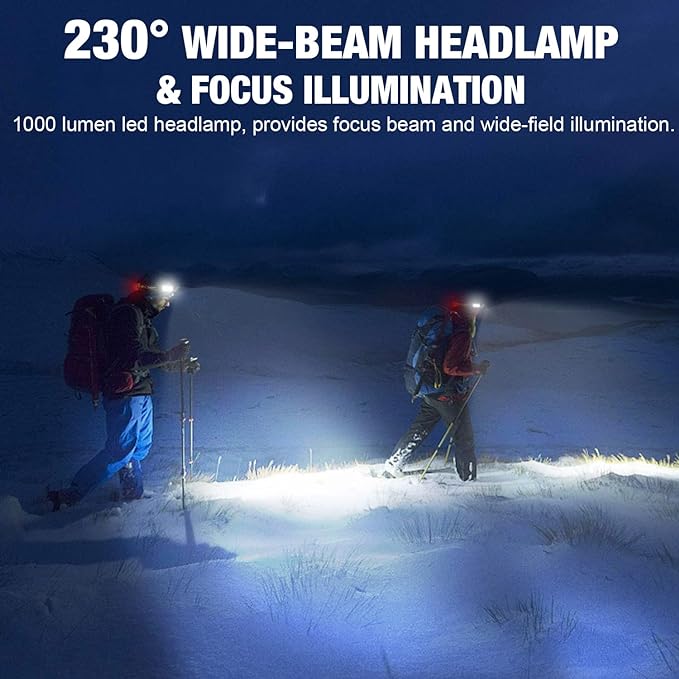 LED Headlamp, 1000lumens 230° Widebeam Headlight, USB Rechargeable HeadLamp with Red Taillight, Lightweight Waterproof Headband Light for Camping Running Hiking, Hard Hat Headlamp