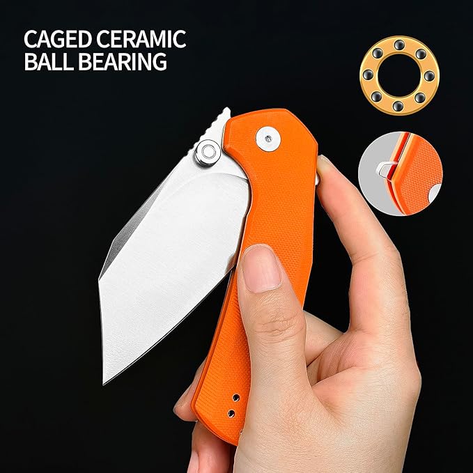 ioko Folding Pocket Knife, 3.5-Inch D2 Steel Blade, G10 Handle, EDC Camping Survival Knife with Clip (Orange)