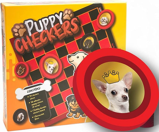 Puppy Checkers Board Game for Kids 8-12 and 4-8 with 56 Adhesive Dog Stickers - Great Learning Game for Game Night