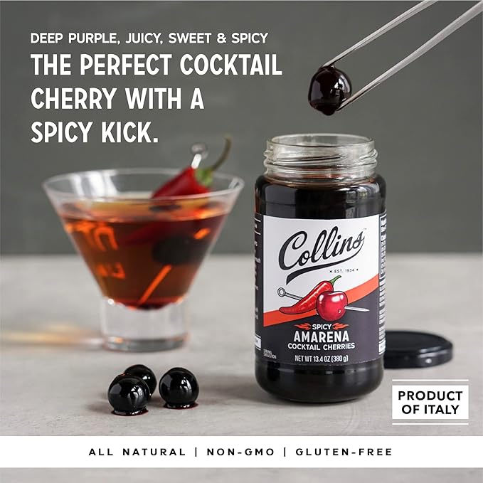 Collins Spicy Amarena Cherries in Syrup, Black Cherries for Old Fashioned or Manhattan, Cocktail Cherries, Garnish for Cocktails or Desserts,13.4oz