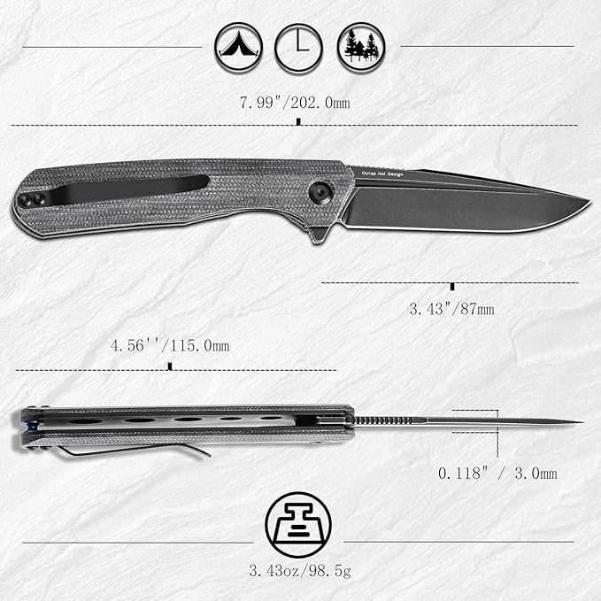 KANSEPT Qilin Pocket Knife, 3.24'' Blackwash 154CM Sharp Blade, Black Micarta Handle for Edc, Flipper and Liner Lock with Double-Sided Clip, Men Camping Survival Folding Knives T1047A1