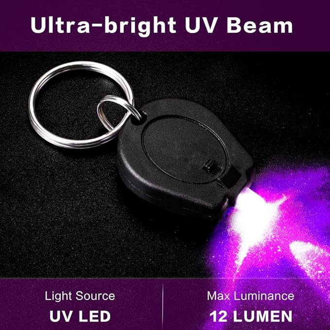 12 Pack Mini UV LED Keychain Flashlight, 395nm Ultra Violet Flashlight, UV Keychain Flashlight, Keychain Light Black Light for Detections