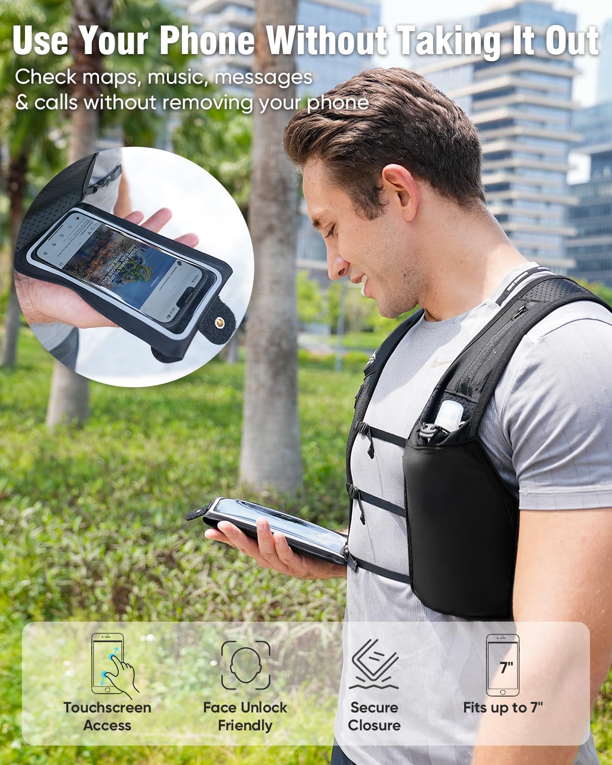 Zelvot Running Vest for Women Men, Touchscreen Phone Pocket (Black, M/L)