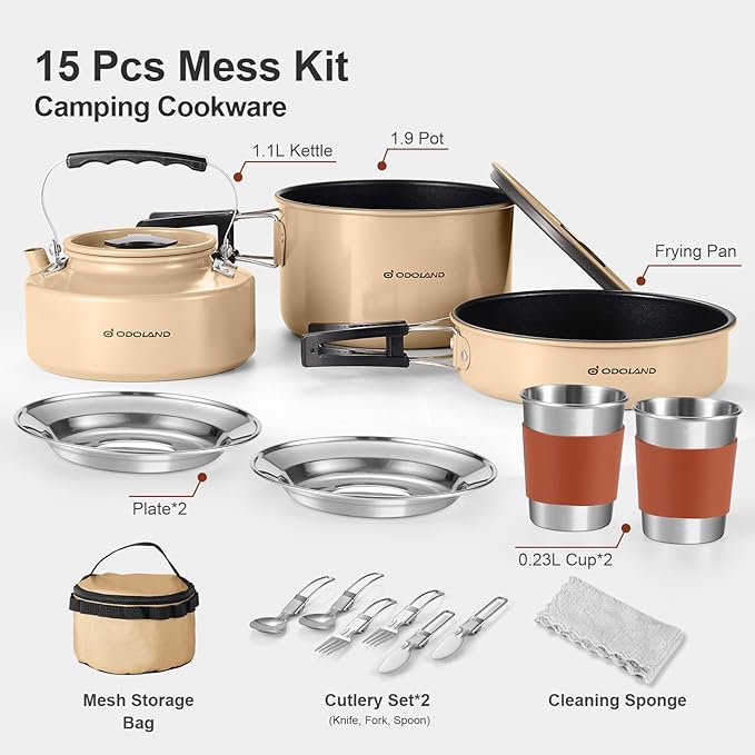Odoland 15pcs Camping Cookware Mess Kit, Non-Stick Lightweight Pot Pan Kettle Set with Stainless Steel Cups Plates Forks Knives Spoons for Camping, Backpacking, Outdoor Cooking and Picnic