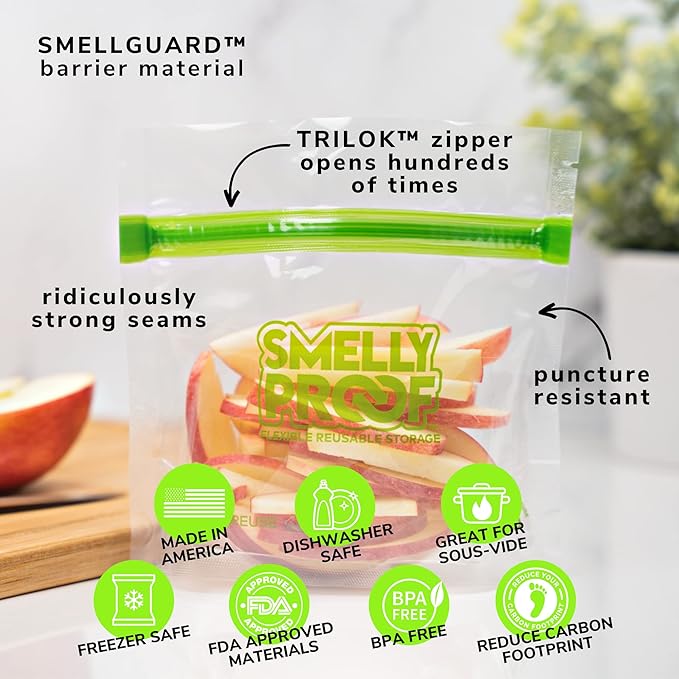 Smelly Proof 25 x Expandable Stand-Up & Fill REUSABLE Food Storage Bags Designed, US Made, PEVA & BPA FREE, Reusable Freezer Bags, Dishwasher-Safe, Clear 3 mils STAND & FILL 4" x 3" - 25pk