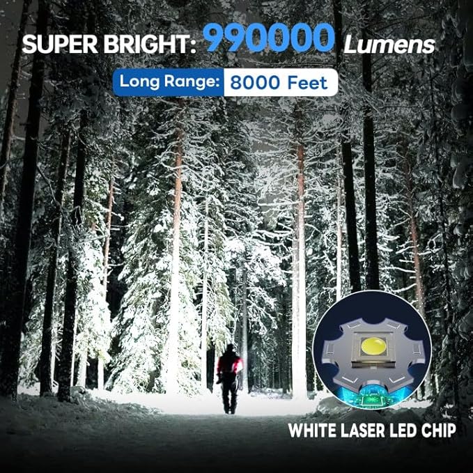 Flashlights High Lumens 990000 LED Rechargeable Tactical Flashlight Zoomable 3 Modes Fast Charging IPX6 Waterproof Super Bright Black Handheld Flashlights for Camping Hiking Outdoor and Gift