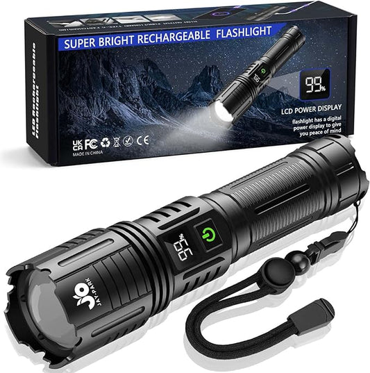 Rechargeable Flashlights 10000 Lumen, LED Flashlight with Digital Power Display and Zoomable, Flashlights High Lumen Super Bright Long Distance for Camping, bushcraft, Outdoor