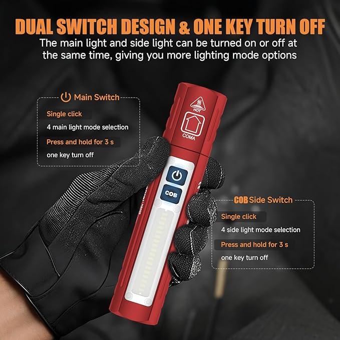 Rechargeable Tactical Flashlights High Lumens - Super Bright Small Powerful LED Magnetic USB C Flashlight, 8 Modes, Dual Button Waterproof Pocket Flash Light for Emergency, Car (2, Red)