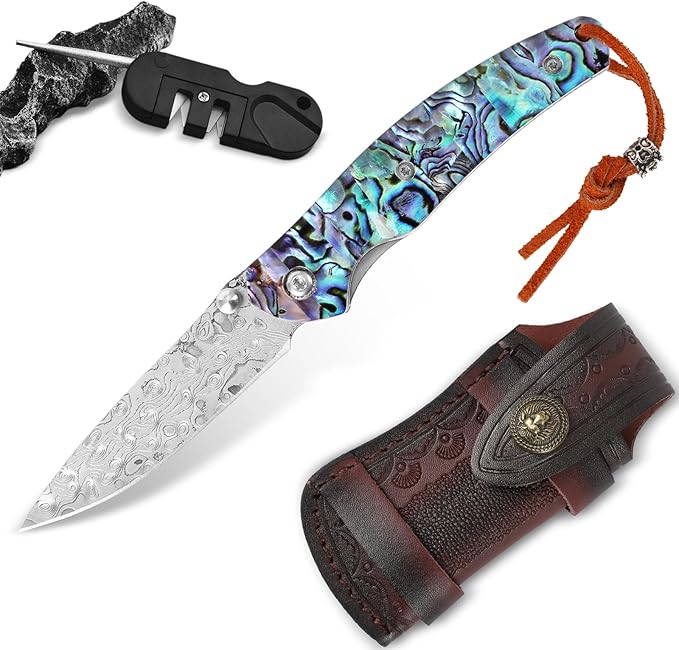 Handmade Damascus Steel Folding Pocket Knife - Abalone Shell Handle, Leather Sheath & Sharpener | Compact EDC Tool for Outdoor, Camping, Gifts