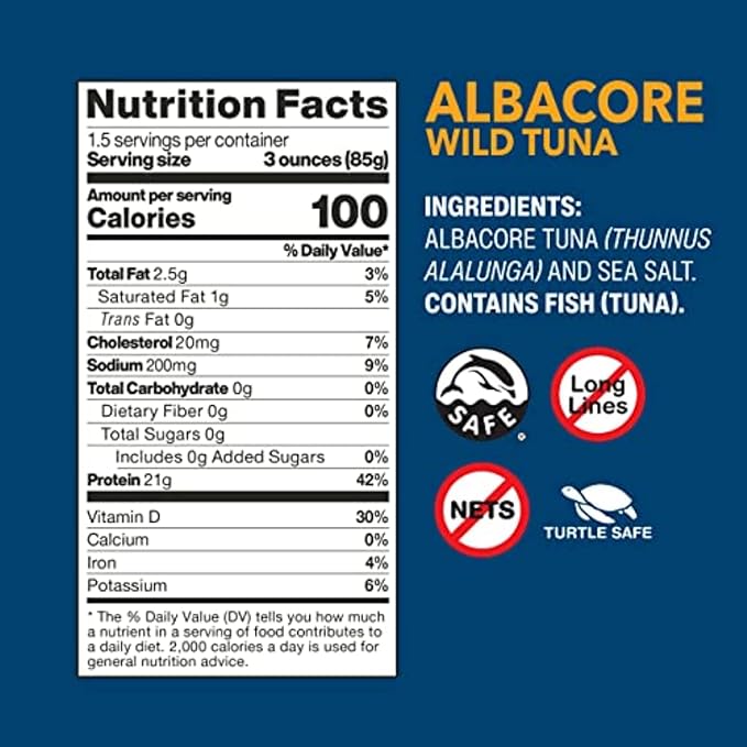 Wild Planet Albacore Wild Tuna, Sea Salt, Canned Tuna, Sustainably Wild-Caught, Pole & Line, Non-GMO, Kosher, 5 Ounce, Pack of 12