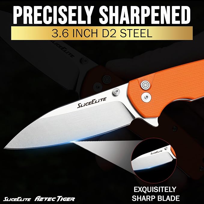 SliceElite 3.6-Inch Aztec Tiger Folding Knife | Pocket Knife with Orange G10 Composite Handle, D2 Steel Drop Point Blade & Stainless Steel Pocket Clip | EDC Gear Knife with Button Lock for Outdoor Use