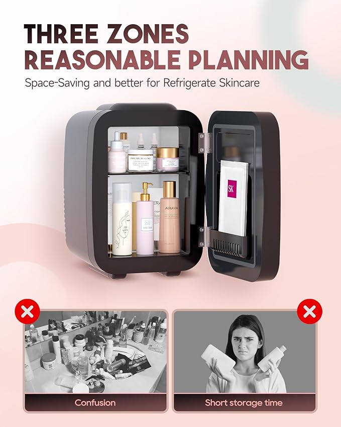 Skincare Fridge with Dimmable LED Light Mirror, 4L/6Can Mini Fridge Skincare for Bedroom,Office,Dorm,Cooler & Warmer,Portable refrigerator for SkinCare, Food and Drinks,Black