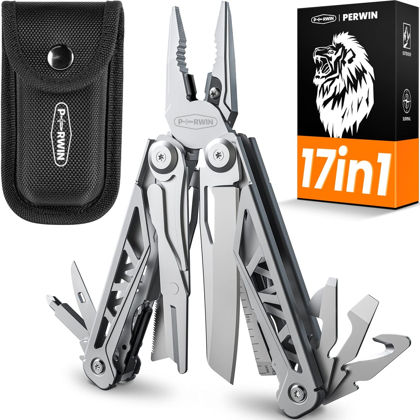 PERWIN Multitool, 17-in-1 Stainless Steel Multi Tool Pliers with Self-Locking, Pocket Knife, Nylon