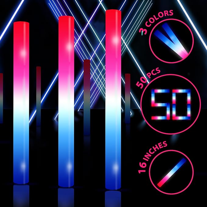 50Packs 3 Colors Foam Glow Sticks Red White Blue, Patriotic Events Parades, Party Decorations, Light up Glow in Dark Bulk Supplies For Party,Wedding,4th of July,Campaign Night