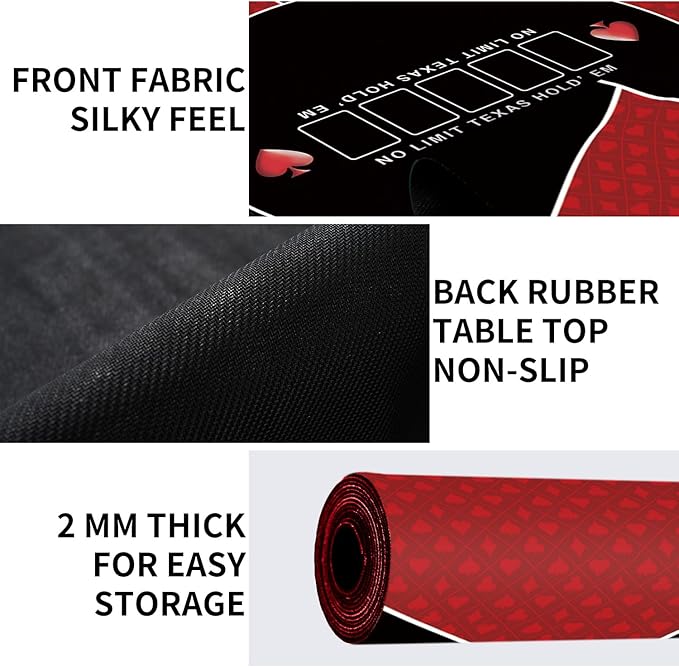 nuveti 24/31/39/47/55/63 inch Square Foldable 6-Player Texas Poker Card Tabletop Layout Portable Anti-Slip Rubber Board Game Mat Texas Hold'em Poker Mat for Family Game, Casino, Party