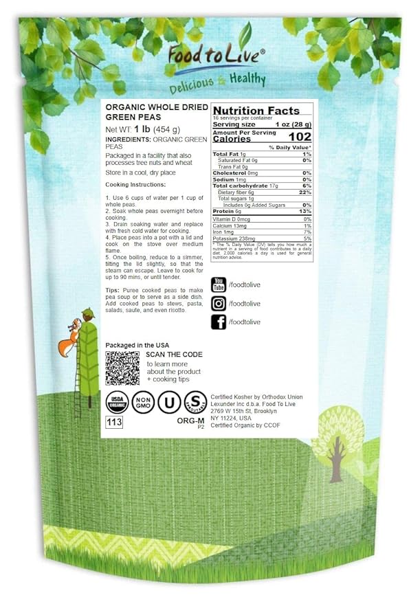 Food to Live Organic Whole Dried Green Peas, 1 Pound – Non-GMO, Green Vatana, Sproutable, Vegan, Kosher, Bulk. Pre-Soak Needed. Rich in Protein, Fiber. Great for Green Curry, Stews, Salads, Pea Soup