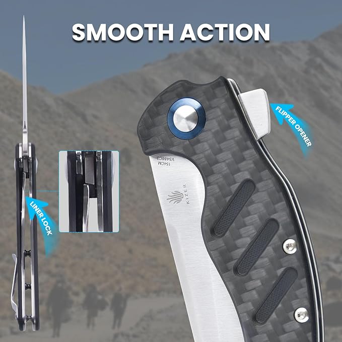 Kizer C01c (XL) Sheepdog Pocket Knife, 154CM Sheepsfoot Blade Folding Knife with Gray Carbon Fiber G10 Handle, Camping Knives with Clip for Men Women, EDC Hunting Survival Knives, V5488C3