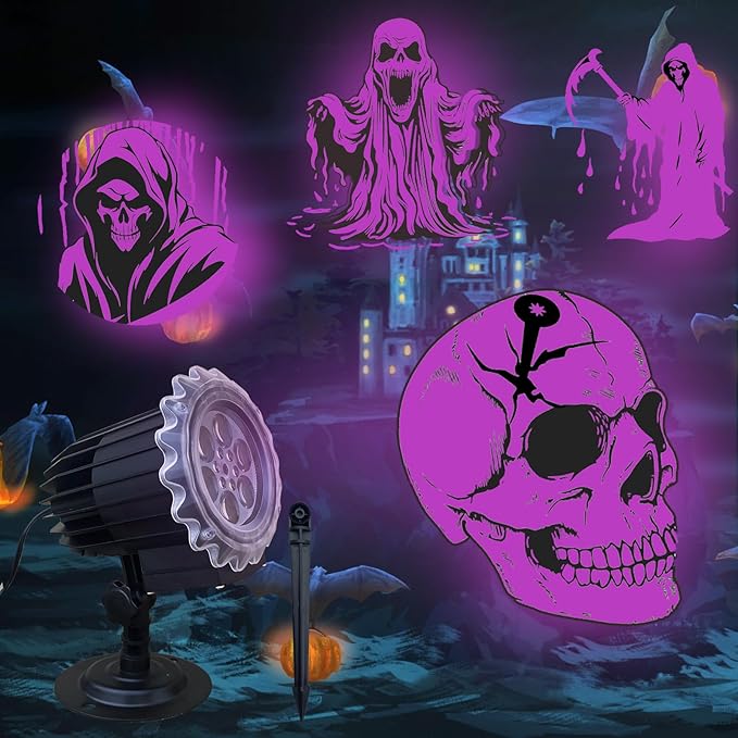 Halloween Projector Lights Outdoor, 3D-Dynamic Outdoor Holiday Light Projector with 4 Different Rotating Patterns, Ghost, Skull, Waterproof for Birthday Party Yard Decorations