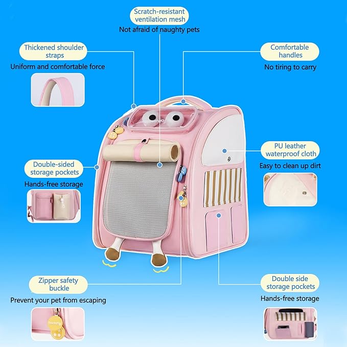 Pet Carrier Backpack, Dog Backpack with Waterproof Pu Leather, Cat Backpack with Breathable Mesh, Pet Bag Suitable for Climbing, Hiking, Traveling(Pink)