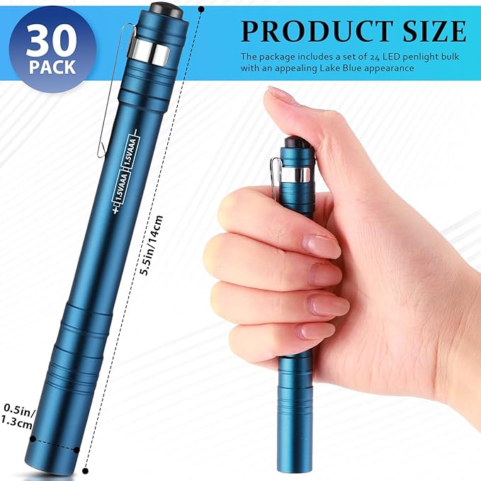 30 Pack Mini Pen Flashlights Bulk LED Pen Lights Aluminum Pocket Flashlights with Clips Small Handheld Torches Gifts for Camping Hiking Emergency Outdoor (Blue)