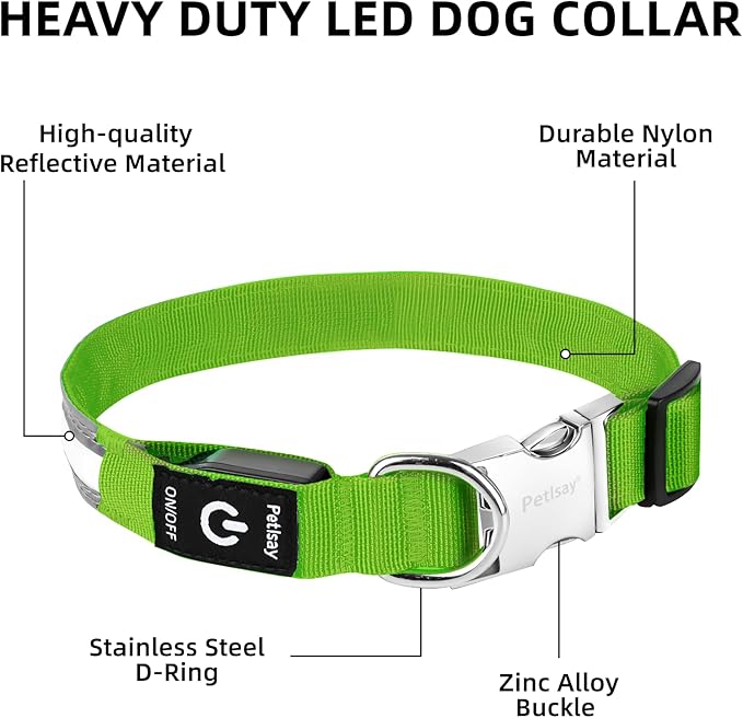 PetIsay LED Dog Collar Metal Buckle - Heavy Duty Light up Collars - Rechargeable IP68 Waterproof - Lighted Dog Collar for Night Walking, Hiking, Camping (Small, Green)