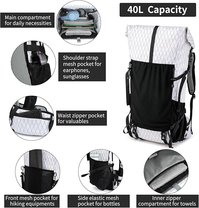 Hiking Backpack,40L Extra Large Capacity Hiking Bag,Internal Frame Camping Backpack,Upgraded X-PAC Lightweight Sport Daypack Travel Backpacks Fit For Mountain Climbing Camping (White)