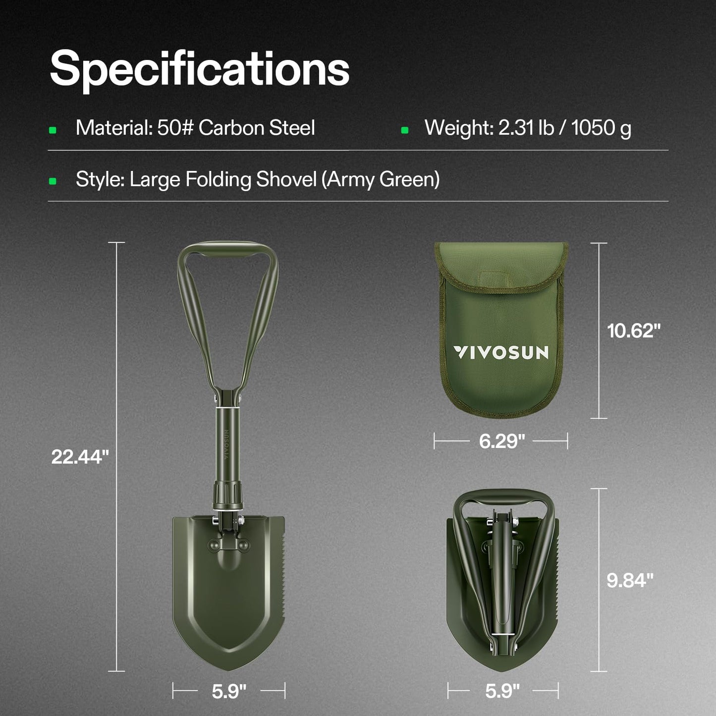 VIVOSUN Folding Camping Shovel, 22'' Survival Shovel with High Carbon Steel