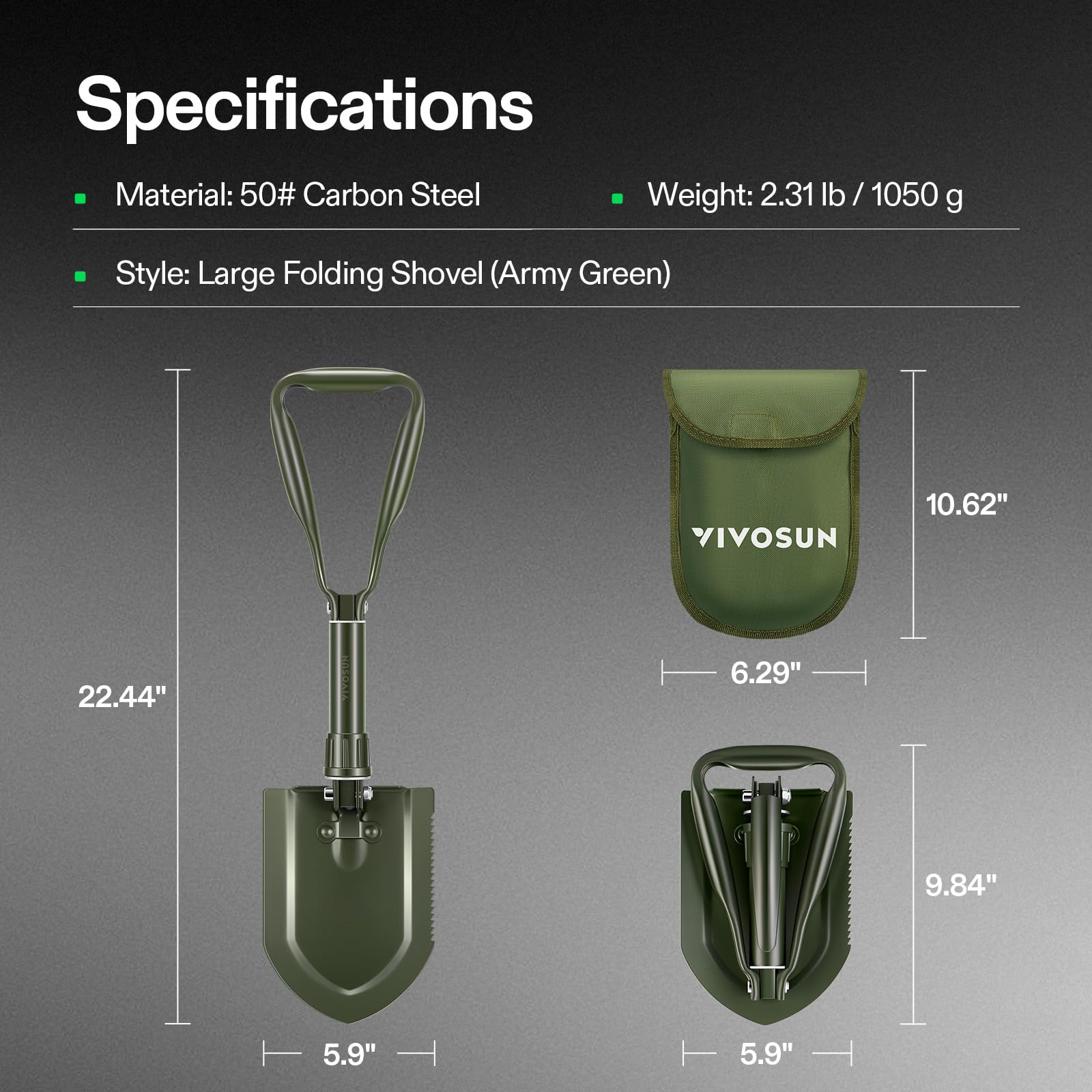 VIVOSUN Folding Camping Shovel, 22'' Survival Shovel with High Carbon Steel
