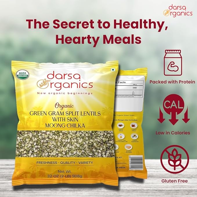Darsa Organics Mung Split Lentils with Skin, Moong Dal with Skin 2 lb - USDA Organic Green Lentils, Non-GMO, Kosher, Chemical-Free, Protein Rich Organic Split Green Gram, Gluten-Free, Vegan
