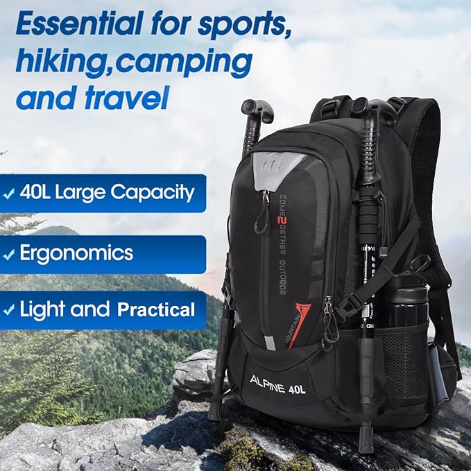 Hiking Backpack Camping 40L Outdoor Daypack Lightweight Travel Backpack with Rain Cover for Women Men (Black)