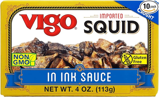 Vigo Premium Imported Canned Seafood, Squid in Ink Sauce, Specialty Flavored, Perfect for Recipes and Dishes (Squid in Ink Sauce, 4 Ounce (Pack of 1))
