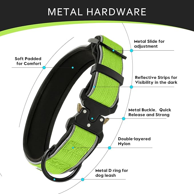 Dog Collar for Small Medium Large Dogs, Reflective, Adjustable Heavy Duty Dog Collar, Soft Neoprene Padded Comfortable for Walking (Green, XL)