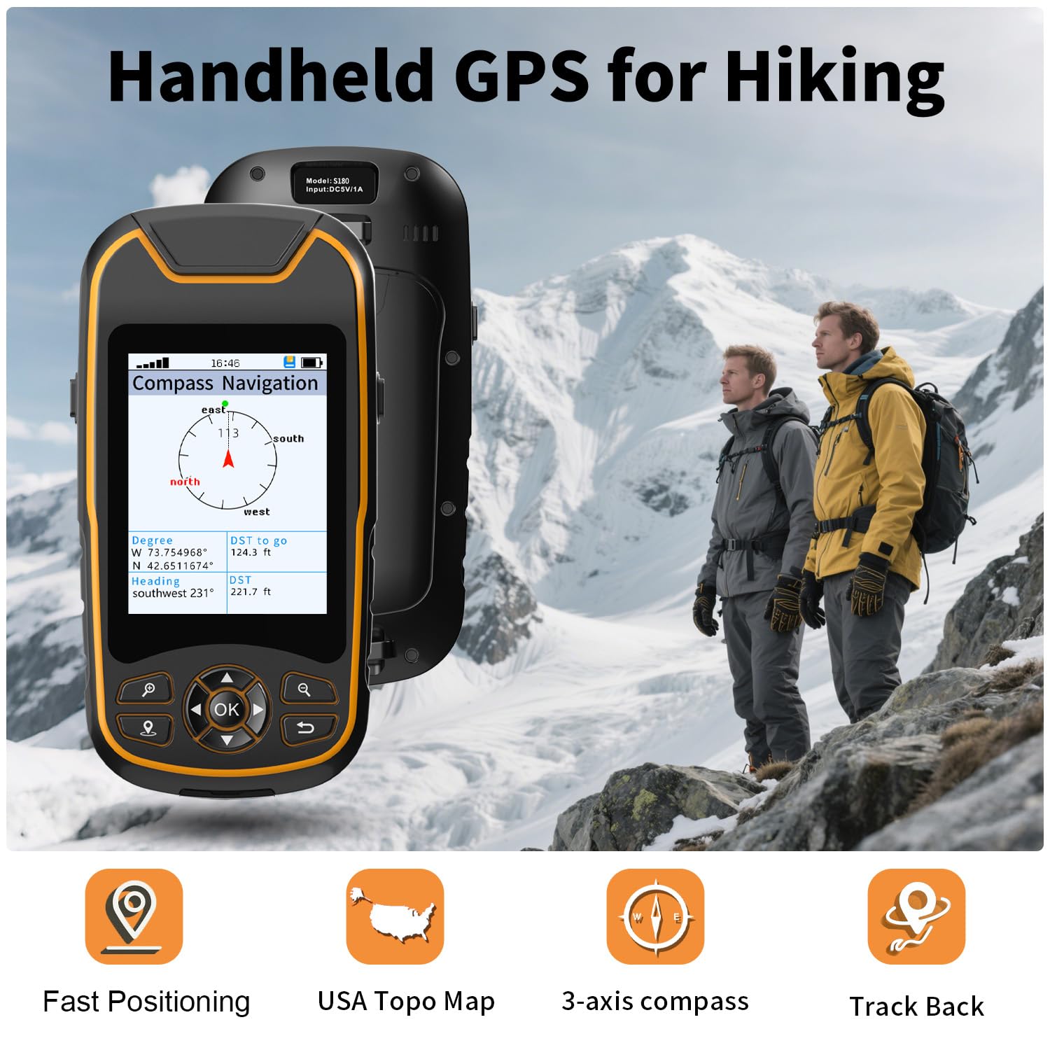 Handheld GPS for Hiking, Rugged and Waterproof Handheld GPS Navigator, 3.2" Sunlight Readable