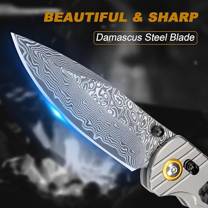 Damascus Pocket Knife for Men Women, 3.15" Damascus Steel Blade Pocket Knives & Folding Knives with Carbon Fiber Overlay Handle