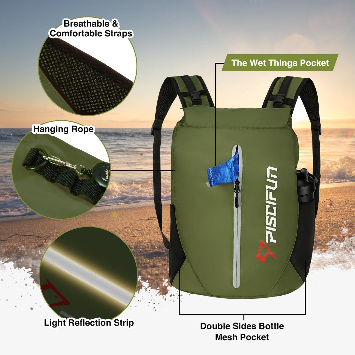 Piscifun Dry Bag Waterproof, Floating Dry Backpack, Lightweight Waterproof Dry Bag with Waist Pouch