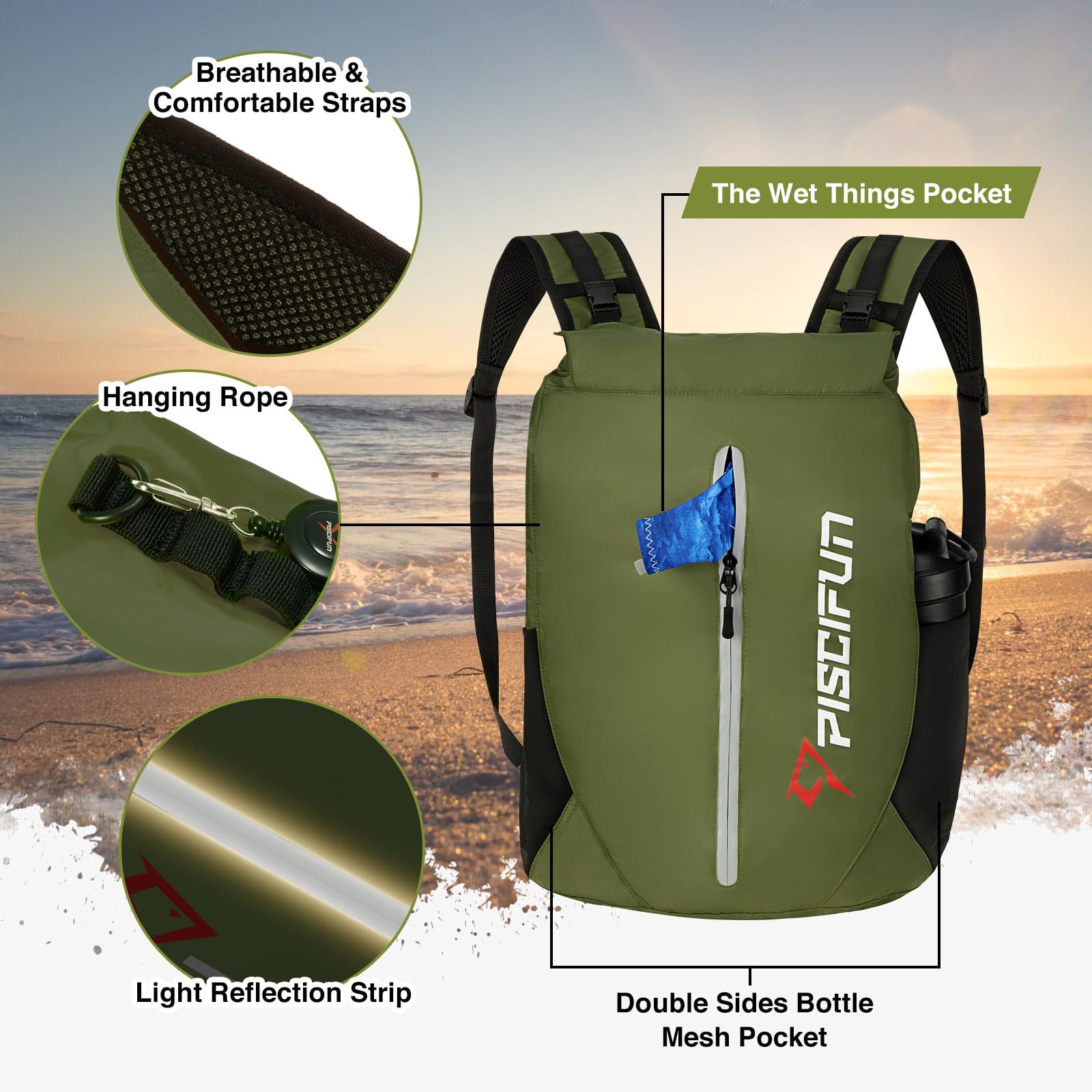Piscifun Dry Bag Waterproof, Floating Dry Backpack, Lightweight Waterproof Dry Bag with Waist Pouch