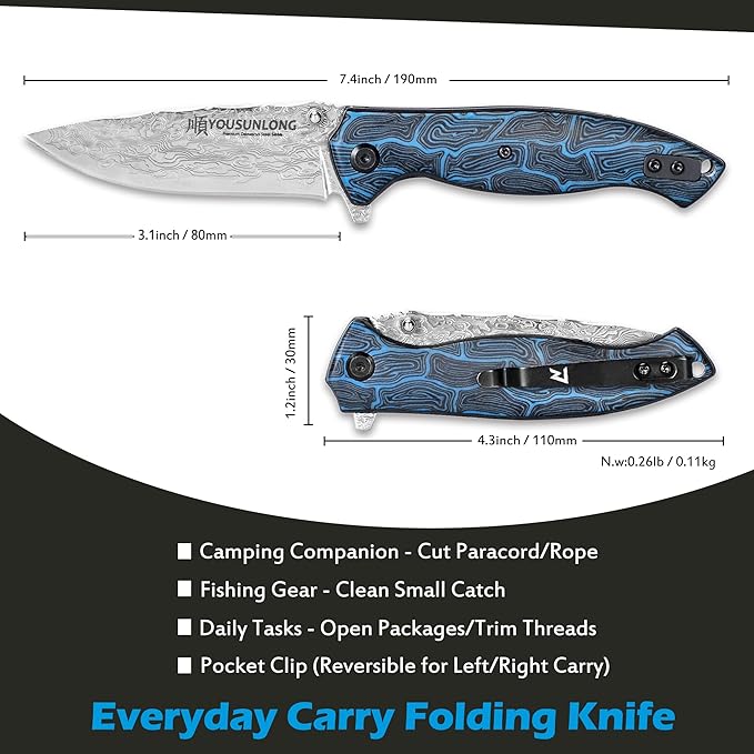 YOUSUNLONG Folding Knife - Hammered Damascus Steel Blade - Blue Damascus texture G10 Cover