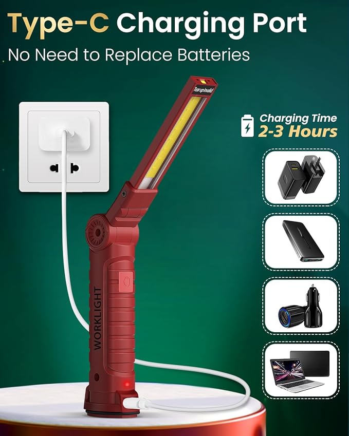 Coquimbo Tools Gifts for Men Dad Husband, Rechargeable LED Work Light Grill Accessories Magnetic Flashlight with Hanging Hook 5 Modes 360° Rotate Christmas Gifts for Him Grandpa (2 Pack Red)