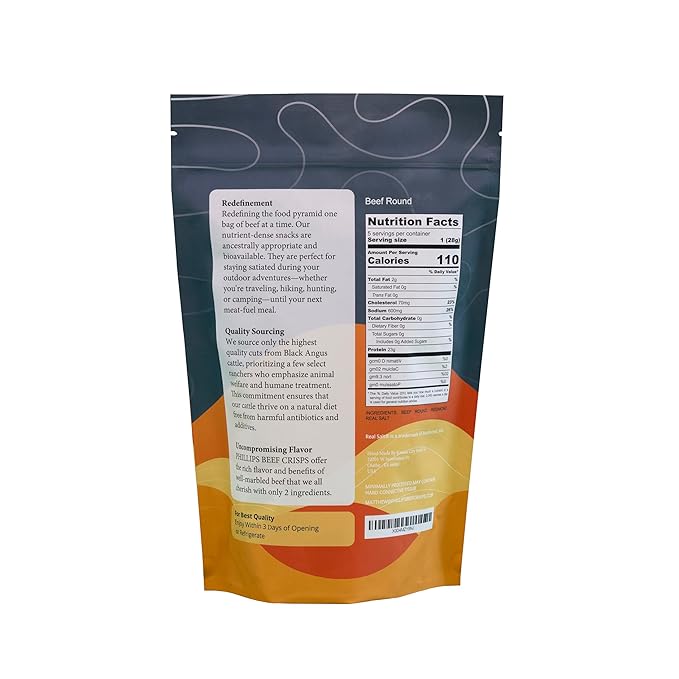 Phillips Beef Crisps - Round - Only Beef & Salt - Zero Carbs - Zero Sugar - High Protein Meat Snacks - 23g Protein