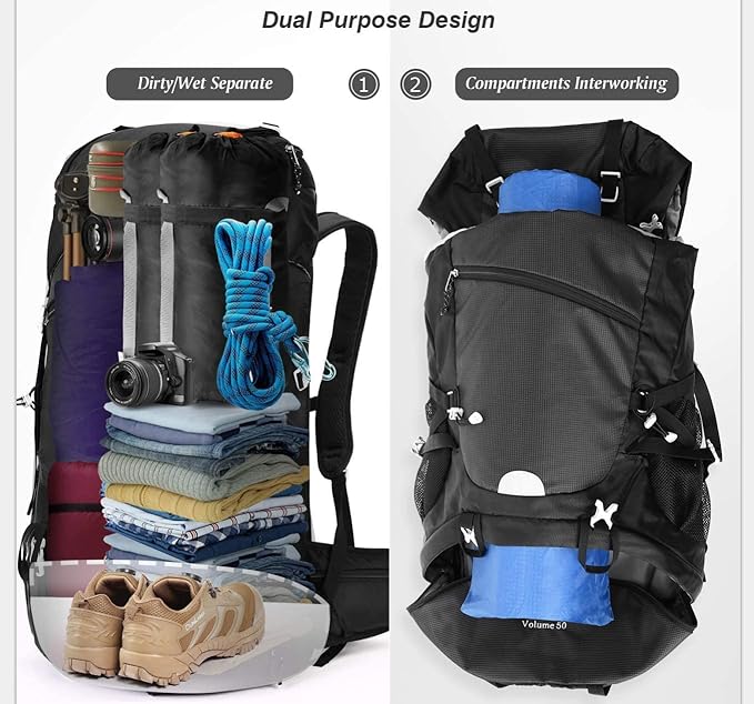 HOMIEE 50L Hiking Backpack Travel Bag Waterproof Camping Rucksack with Rain Cover Lightweight Backpacking Backpack