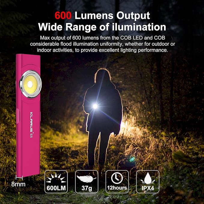 klarus E5 Pocket Flashlight, Rechargeable EDC Flashlight, Super Slim 4.2x1x0.3inch, 600 Lumens, USB-C Port, IPX4, Dual Light Source with Magnetic Base, Hat & Clothes Clip - Red